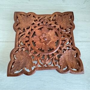 Wooden Ornate Trivet Carved Leaves and Flowers Made in India